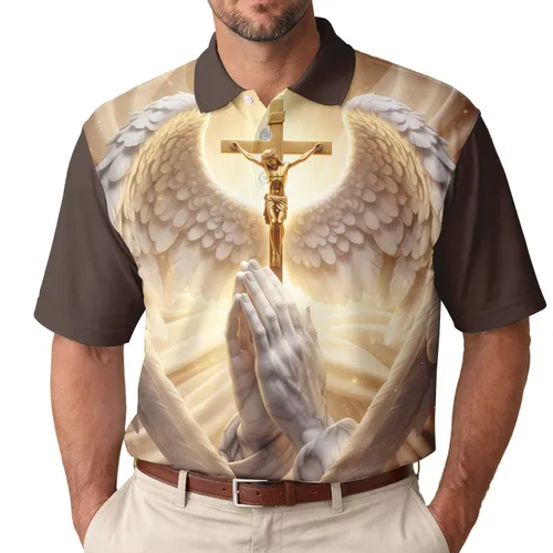 Praying Hands Golden Crucifix Feathered Wings - Spiritual Lifestyle Gift for Believers Men's Polo Shirt