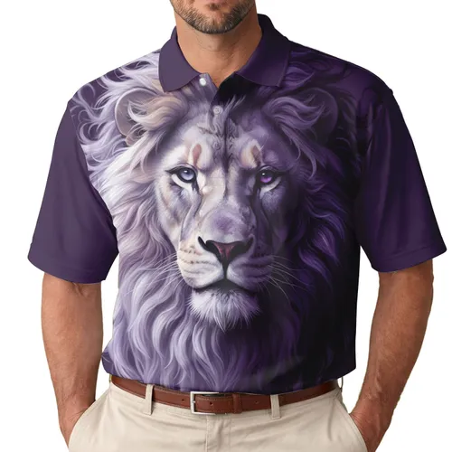 White Lavender Deep Purple Black Split Lion Head Flowing Fur - Wildlife Lover Gift Men's Polo Shirt
