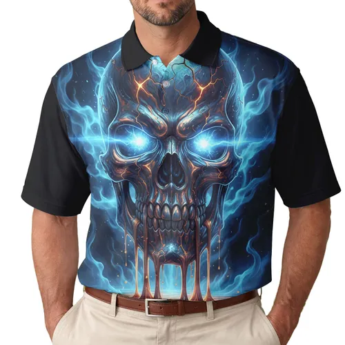 Menacing Molten Skull Electric Blue Glow Luminous Gold Flames Copper Tones - Power Statement Men's Polo Shirt