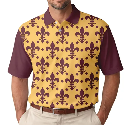 Golden Yellow Maroon Fleur-de-lis Symbols Diamond Shapes - Everyday Style Gift Men's Polo Shirt