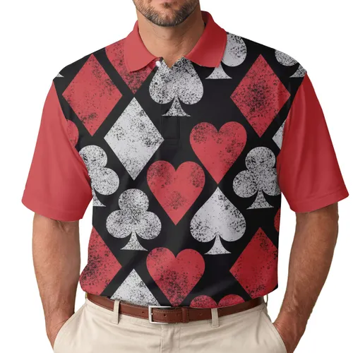 Distressed Red Hearts Diamonds Grey Spades Clubs Symbols - Game Night Gift for Card Players Men's Polo Shirt