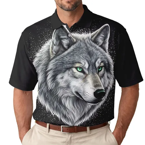 Grey Wolf Head Vivid Green Eyes Star Speckles - Wildlife Lover Gift Men's Polo Shirt