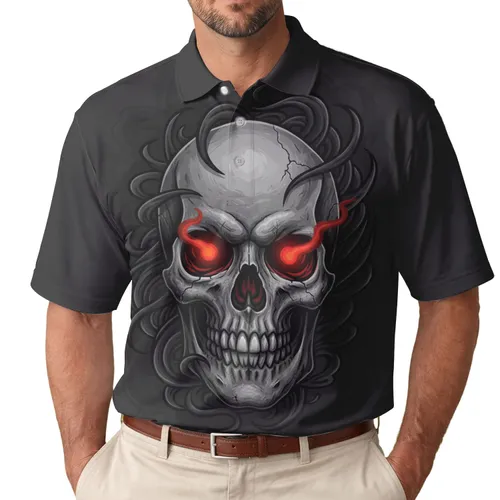Menacing Human Skull Glowing Red-Orange Eyes Wispy Hair - Dark Fantasy Enthusiast Gift Men's Polo Shirt
