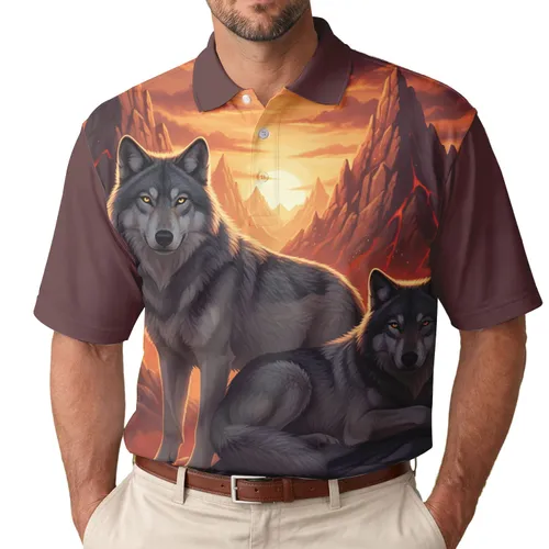 Majestic Grey Wolves Fiery Mountain Sunset - Wilderness Explorer Gift for Him Men's Polo Shirt