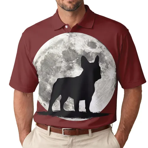 Black French Bulldog Silhouette Mottled Full Moon - Dog Lover Gift Men's Polo Shirt
