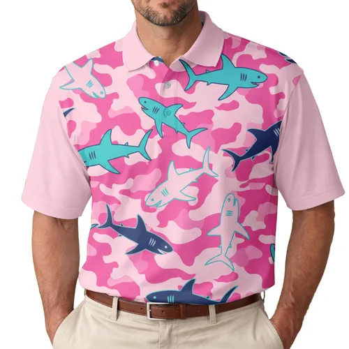 Scattered Navy Teal Sharp Teeth Sharks Pink Camouflage - Ocean Lover Gift Everyday Wear Men's Polo Shirt