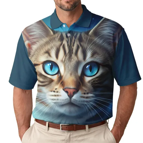 Domestic Cat Face Portrait Piercing Blue Eye - Everyday Cat Lover Gift Men's Polo Shirt