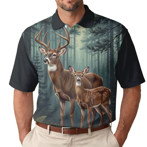 Majestic White-Tailed Buck Antler Deer Family Pine Forest Foliage - Wildlife Lover Gift Men's Polo Shirt