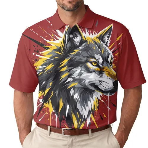 Red Background Wolf Head Bursting Arrows Splatter - Wildlife Lover Gift for Wolf Lover Men's Polo Shirt