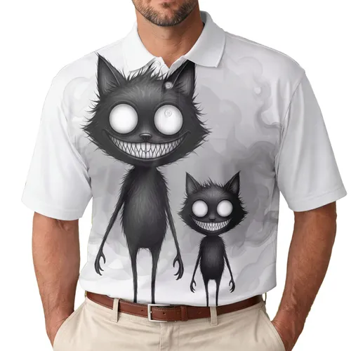 Grinning Shaggy Spiky Black Cat Creatures Large White Eyes - Cat Lover Everyday Gift Men's Polo Shirt