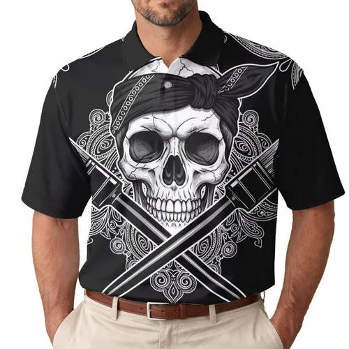 Skull Bandana Paisley Paintbrushes - Bold Statement Gift for Art Lover Men's Polo Shirt