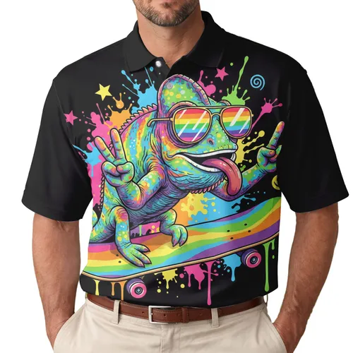 Chameleon Skateboard Peace Sign Sunglasses Paint Splatters Stars - Wildlife Lover Gift Men's Polo Shirt