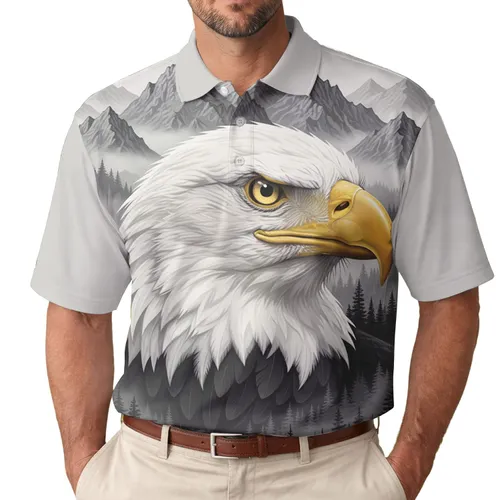 Bald Eagle Grey Mountain Peaks Pine Forest - Wildlife Lover Gift for Outdoor Enthusiast Men's Polo Shirt