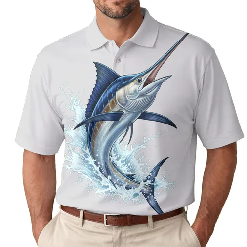 Iridescent Metallic Blue Marlin Fish Water Splash - Fishing Enthusiast Gift for Anglers Men's Polo Shirt