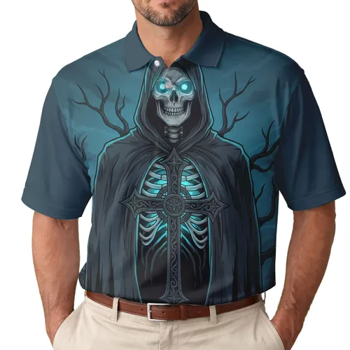 Glowing Skull Grim Reaper Ornate Cross Dark Tree Stormy Sky - Gothic Fashion Gift Men's Polo Shirt