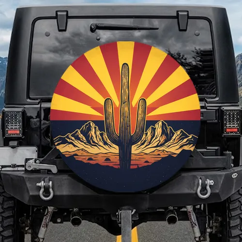 Saguaro Cactus Arizona Flag Sunburst Desert Mountain - Outdoor Lover Gift Spare Tire Cover