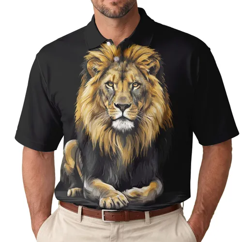 Regal Male Lion Seated Golden Mane White Facial Highlights - Wildlife Lover Gift for Animal Lovers Men's Polo Shirt