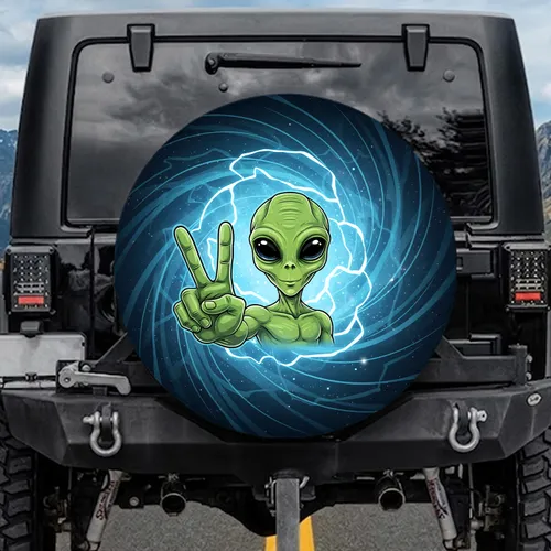 Friendly Green Alien Peace Sign Cosmic Adventure Gift Spare Tire Cover