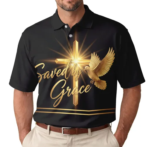 Saved by Grace Golden Cross Dove - Faith Lifestyle Gift for Believers Men's Polo Shirt