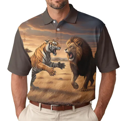 Majestic Tiger Fierce Lion Standoff African Savanna Dramatic Sky - Wildlife Lover Gift Men's Polo Shirt