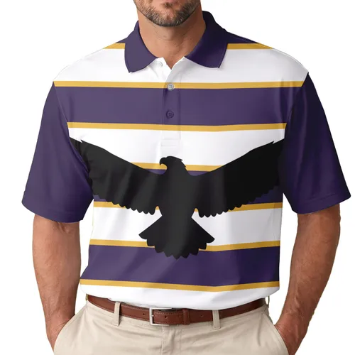 Flying Eagle Silhouette Bold Purple Gold White Stripes Wildlife Lover Gift Men's Polo Shirt