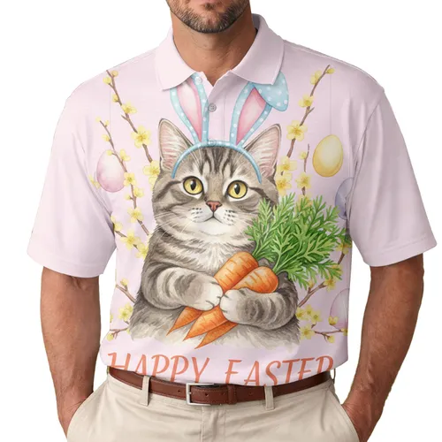 Tabby Cat Bunny Ears Carrots Easter Eggs Spring Branches - Happy Easter Holiday Gift Men's Polo Shirt