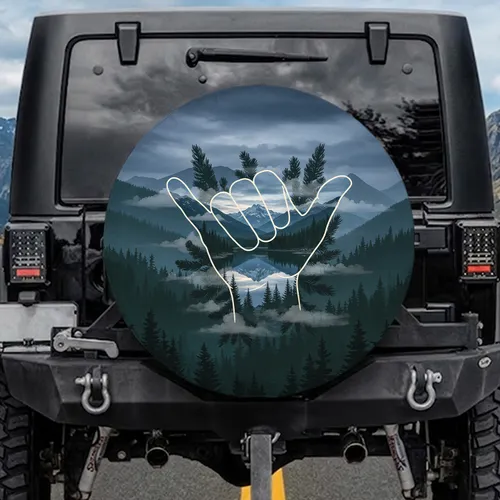 Shaka Hang Loose Hand Mountain Lake Landscape Forest Pine - Outdoor Adventure Nature Lover Gift Spare Tire Cover