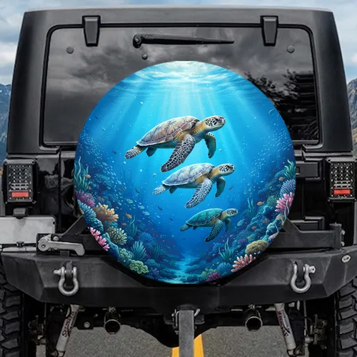Three Sea Turtles Coral Ocean Scene - Ocean Decor Gift for Wildlife Lovers Spare Tire Cover