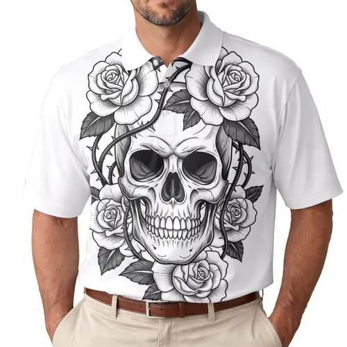 Human Skull Full Bloom Roses Thorny Stems - Tattoo Enthusiast Gift Men's Polo Shirt