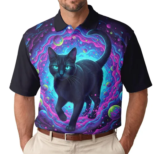 Mysterious Black Cat Glowing Aqua Eyes Cosmic Nebula Psychedelic Swirl - Fantasy Lover Gift Men's Polo Shirt