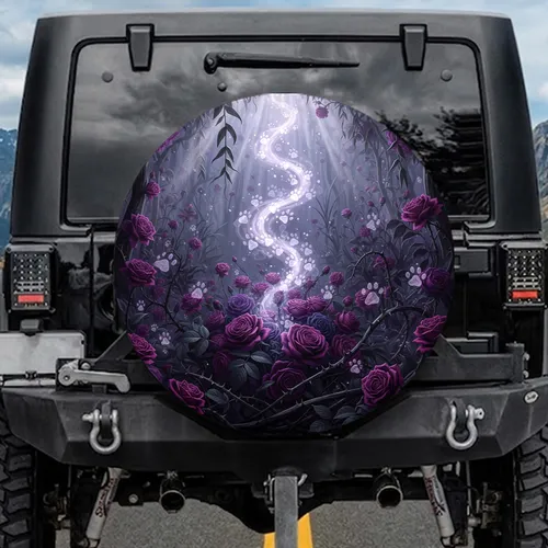 Ghostly Paw Prints Purple Roses Dark Gothic Flora - Halloween Decor Gift Spare Tire Cover