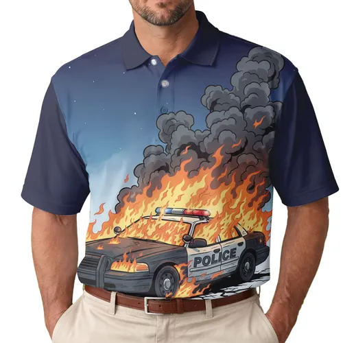 Flaming Police Patrol Car - Law Enforcement Appreciation Gift for Officers Men's Polo Shirt
