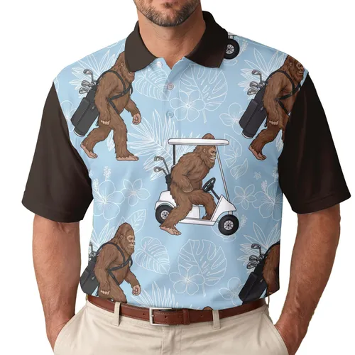 Sasquatch Golfer Golf Cart Tropical Leaves Flowers - Golf Lover Outdoor Lifestyle Gift Men's Polo Shirt