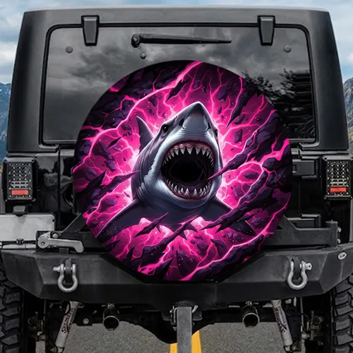 Menacing Shark Head Jaws Open Fuchsia Glow - Outdoor Adventure Gear for Drivers Spare Tire Cover