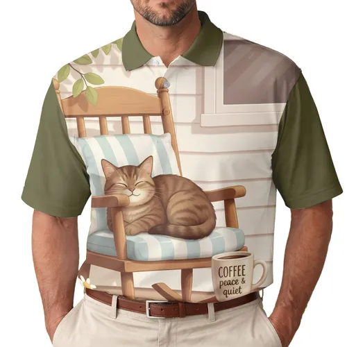 Tabby Cat Coffee Mug Porch Scene - Quiet Moments Gift for Coffee Lover Men's Polo Shirt