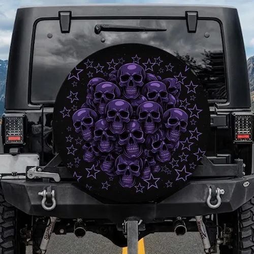 Human Skulls Five-Pointed Stars Deep Violet Black - Gothic Decor Gift for Dark Art Lovers Spare Tire Cover