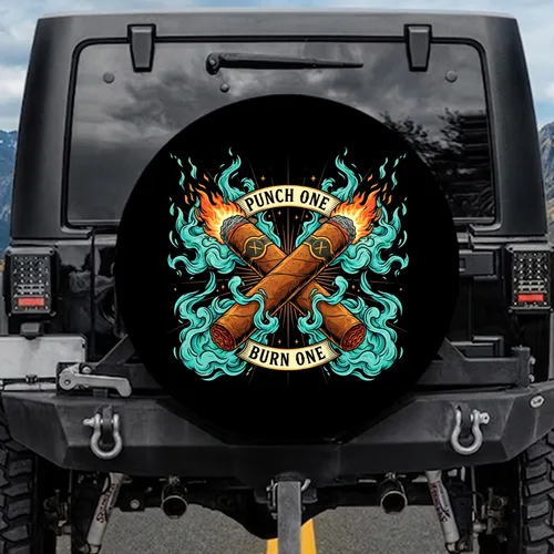 Vintage Crossed Cigars Flames Smoke Banners - Man Cave Decor Gift for Him Spare Tire Cover