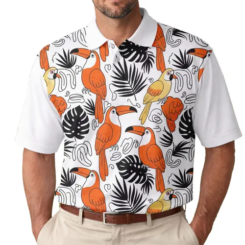 Toucans Parrots Black Tropical Leaves - Everyday Wear Bird Lover Gift Men's Polo Shirt