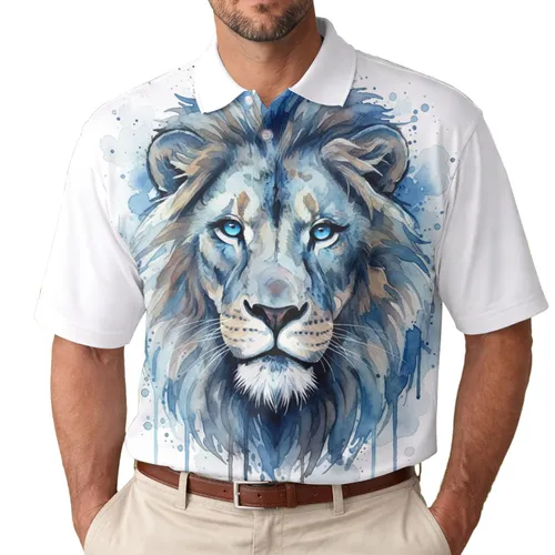 Majestic Lion Head Bright Blue Eyes Sky Navy Gray Mane - Wildlife Lover Gift for Lion Lovers Men's Polo Shirt