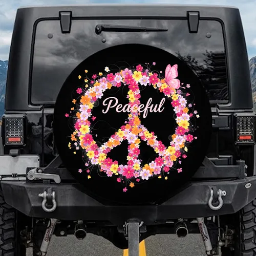 Floral Peace Sign Pink Butterfly Blossoms Deep Black Field - Nature Lover Gift for Outdoor Enthusiasts Spare Tire Cover