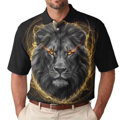 Lion Head Glowing Eyes Energy Tendrils Swirling Lines Black Background - Wildlife Lover Gift Men's Polo Shirt