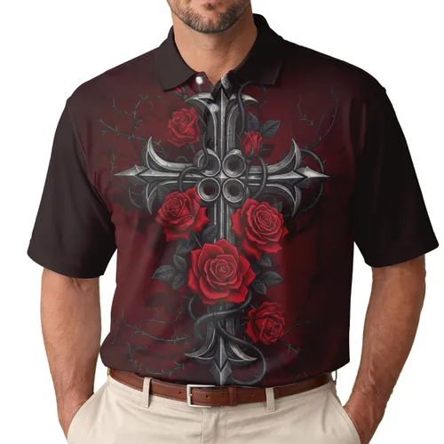 Gothic Metallic Cross Deep Red Roses Thorny Black Vines - Gothic Style Gift for Dark Romance Lover Men's Polo Shirt