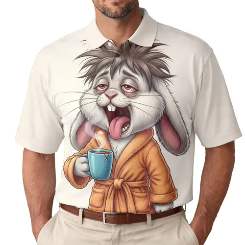 Yawning Rabbit Coffee Mug - Morning Routine Gift for Coffee Lover Men's Polo Shirt