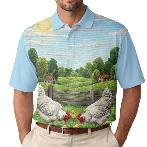 Rural Farm Scene Chickens Chicks Farmhouse - Farmhouse Decor Gift for Chicken Lover Men's Polo Shirt