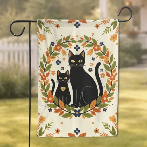 Black Cats Folk Cat Tapestry Botanical Wreath - Cat Lover Home Decor Gift Garden Flag