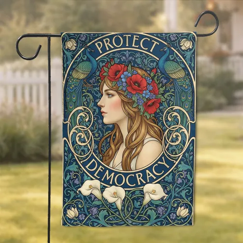 Woman Poppies Peacocks Protect Democracy - Civic Engagement Home Decor Gift Garden Flag