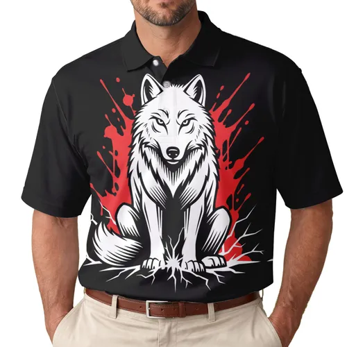 Seated White Wolf Red Splatters Radiating Energy - Primal Animal Lover Gift Men's Polo Shirt