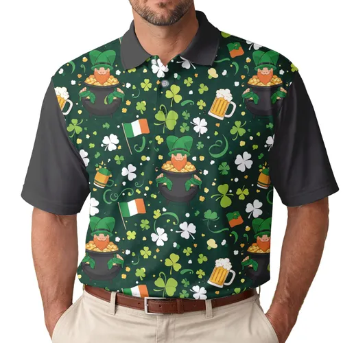 Leprechaun Pots of Gold Irish Flags Clover - St Patrick's Day Celebration Men's Polo Shirt