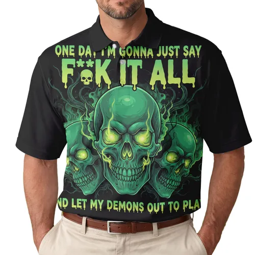 Three Glowing Emerald Skulls Dark Gnarled Vines Toxic Green Text - Skull Lover Gift Men's Polo Shirt