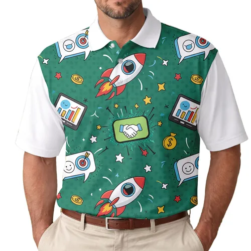 Rocket Handshake Bar Chart Money Icons - Business Success Gift for Entrepreneurs Men's Polo Shirt